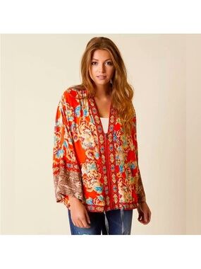 Free People Wildflower Orange Floral Boho Oversized Kimono Jacket